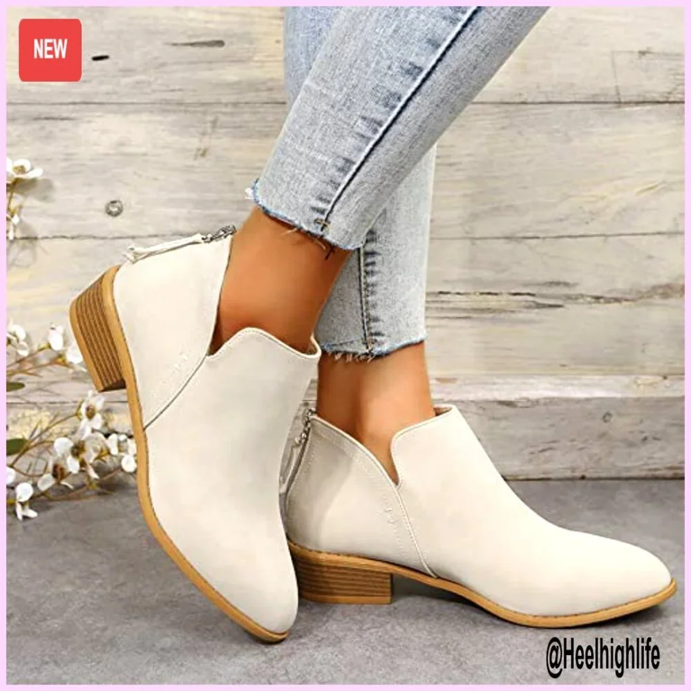 Women's Low Heel Ankle Booties Casual Dress Shoes V Cut Chunky Block Heel